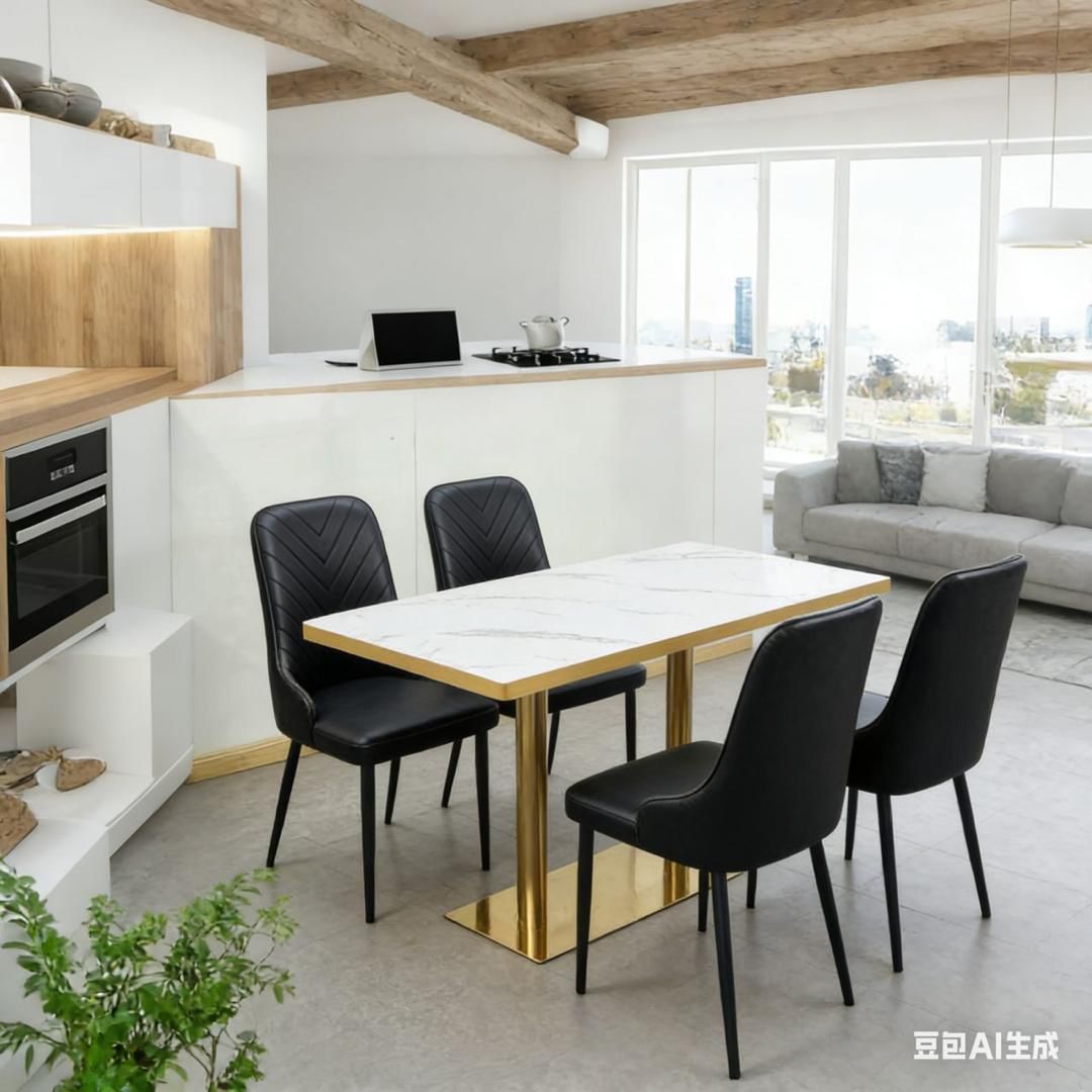 Table Marbre & Or — Chaises Noires (4 places)