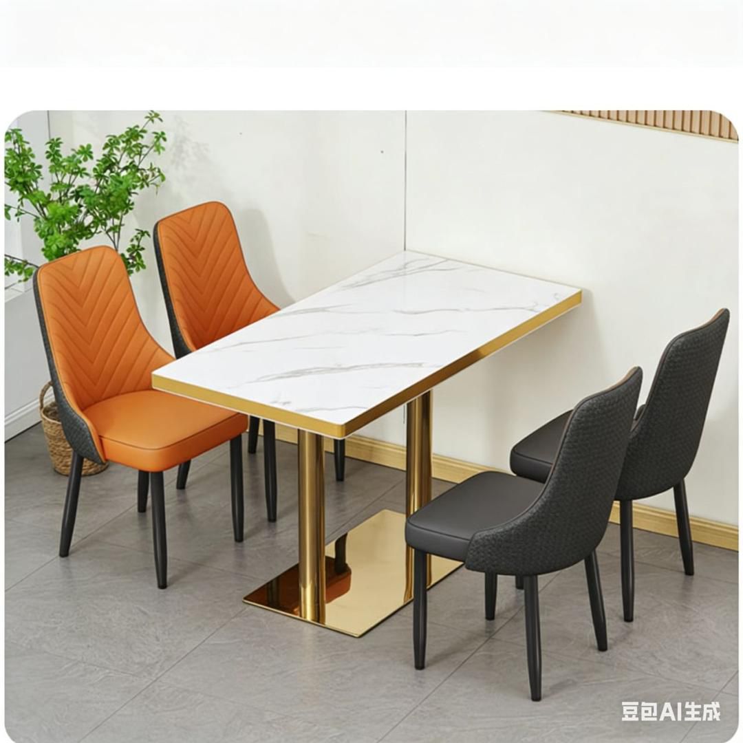 Table Marbre & Or — Chaises Orange & Grises (4 places)