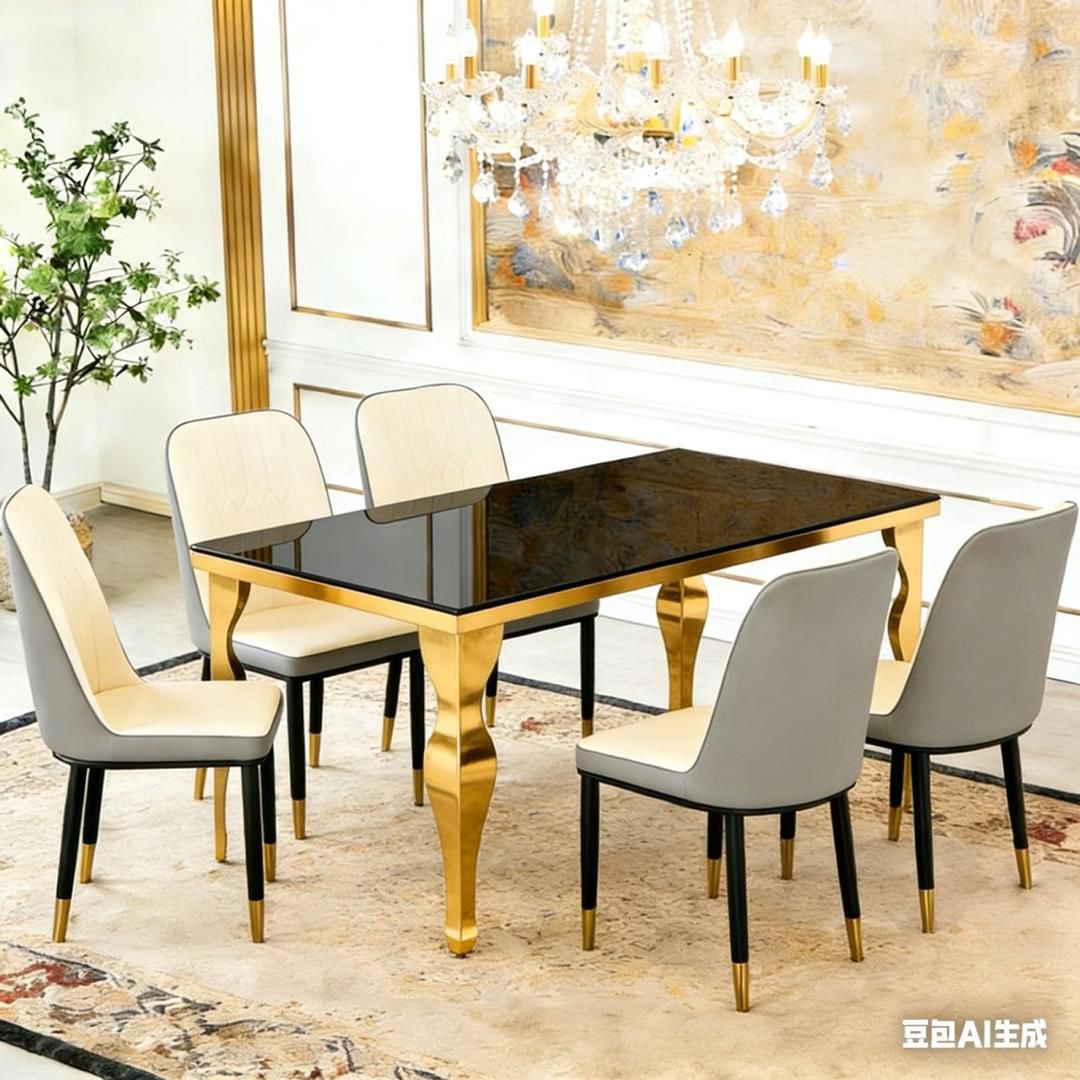 Table Noir & Or — Chaises Beiges (5 places)