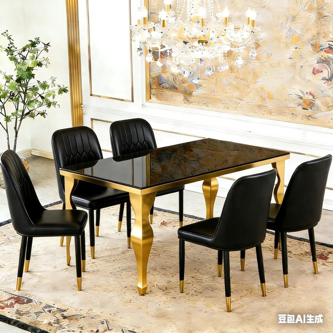 Table Noir & Or — Chaises Noires (6 places)