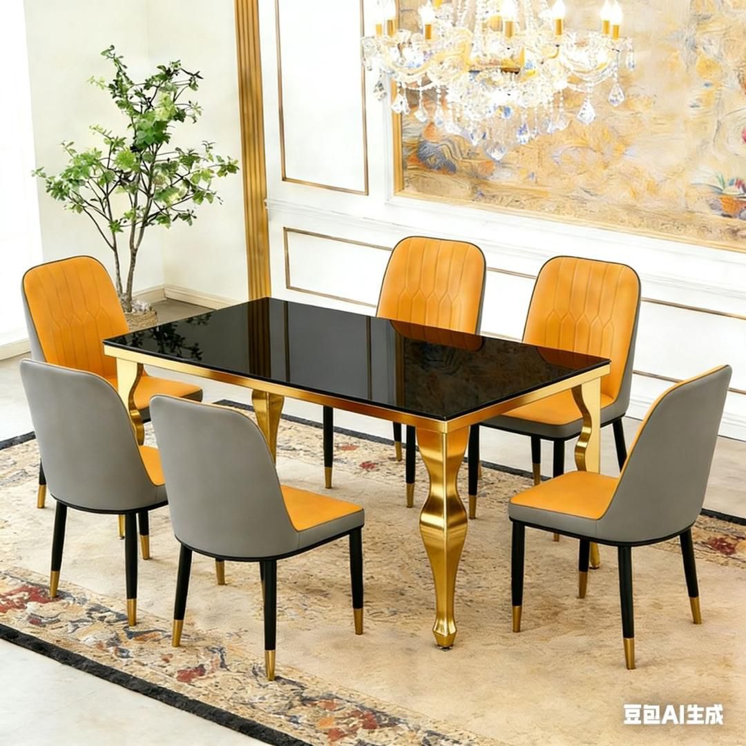 Table Noir & Or — Chaises Orange (6 places)